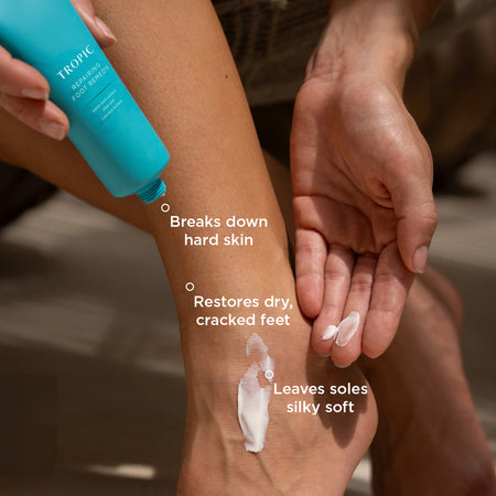 Model uses Repairing foot remedy cream on their feet. It breaks down hard skin, restores dry, cracked feet and leaves soles silky soft.